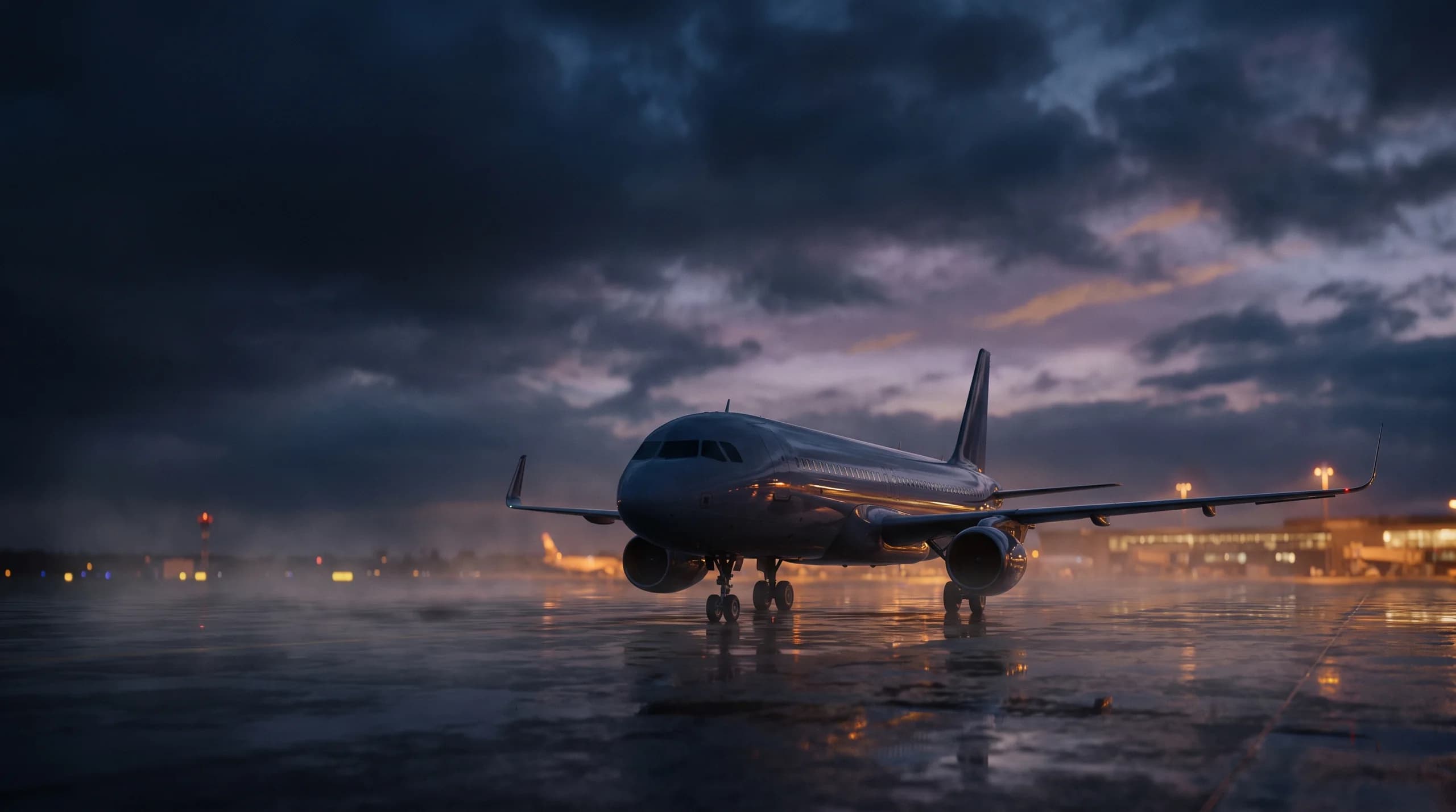 A commercial narrow-body jet airliner on a rain-slicked airport ramp at blue-hour dusk