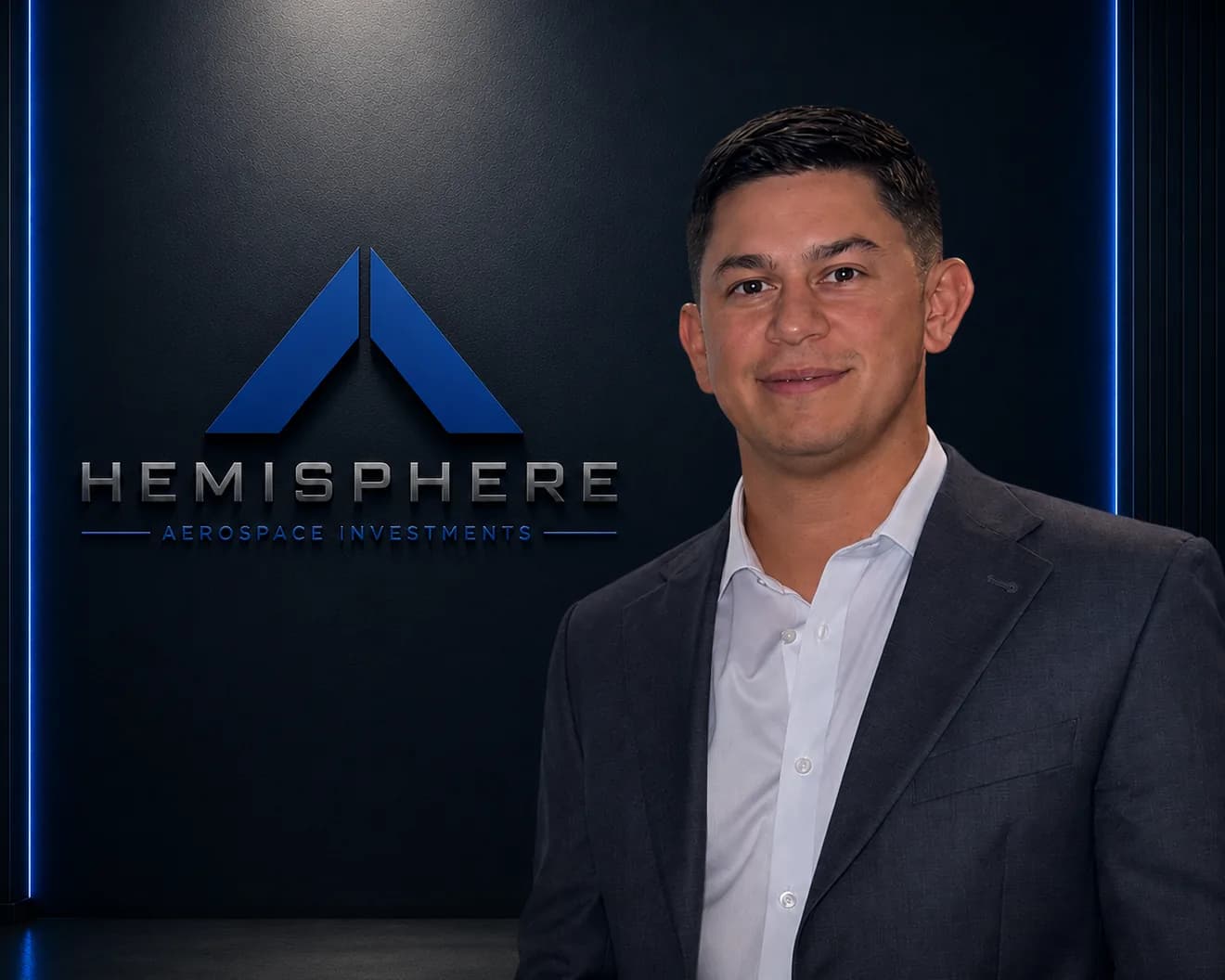 Alex Hart in a charcoal suit and open-collar white shirt, photographed beside the illuminated Hemisphere Aerospace Investments logo wall