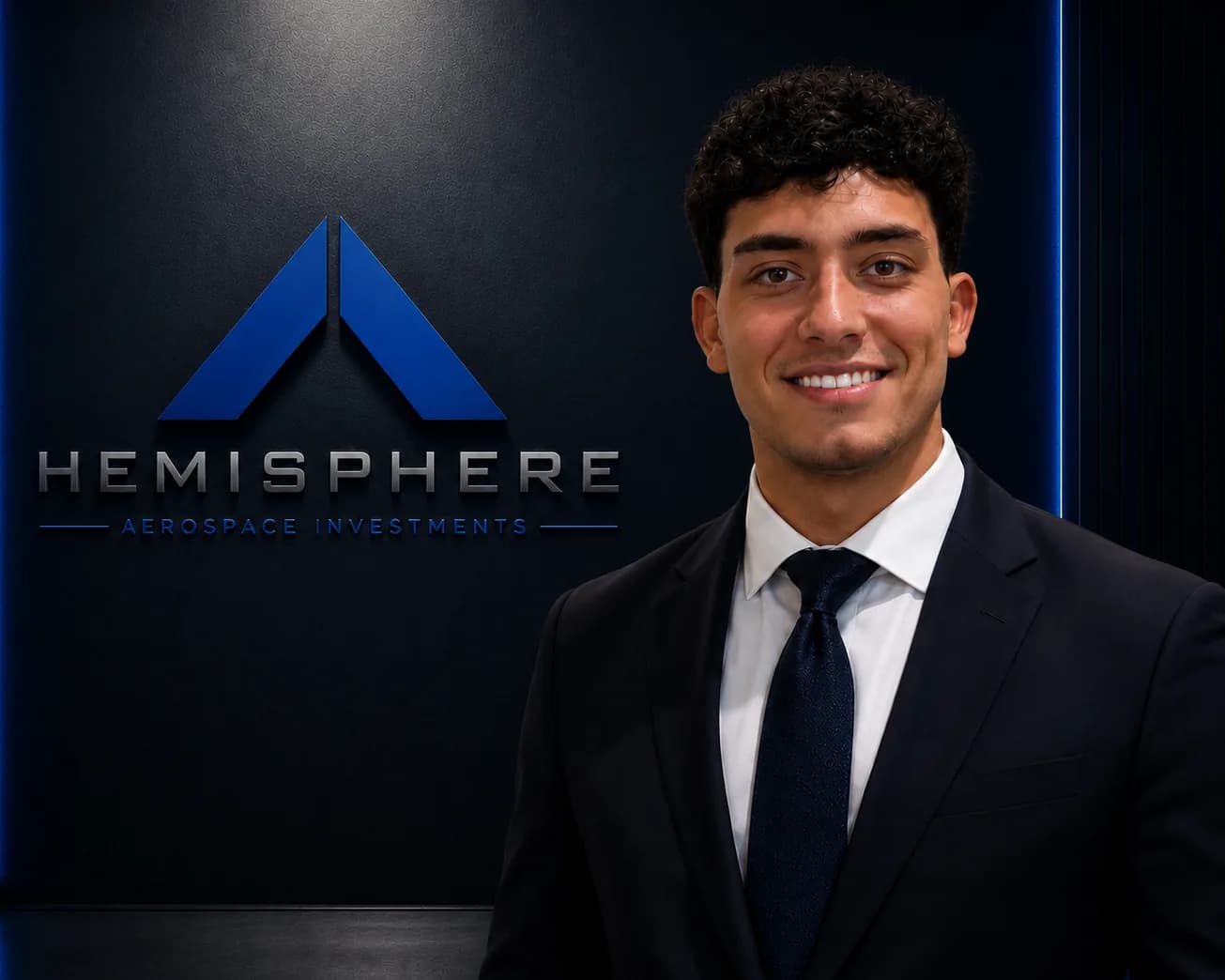 Dalton Sawyer in a dark suit and navy tie, photographed beside the illuminated Hemisphere Aerospace Investments logo wall