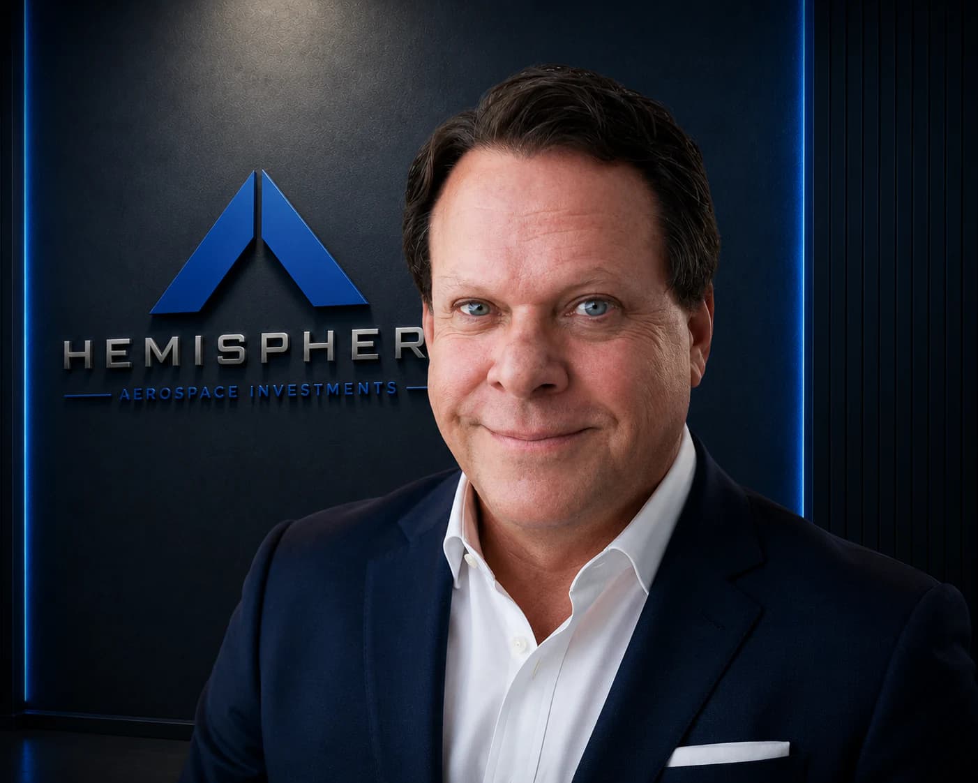 Thomas Leath in a navy suit, photographed beside the illuminated Hemisphere Aerospace Investments logo wall