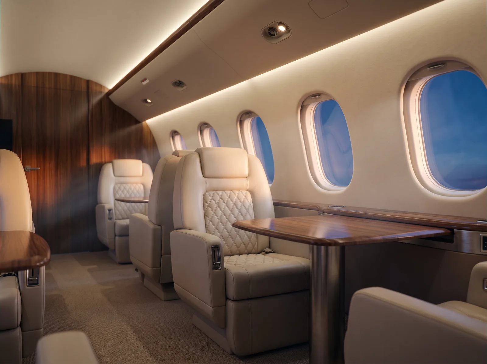 A luxurious VVIP business-jet cabin with cream leather seats and polished walnut veneer